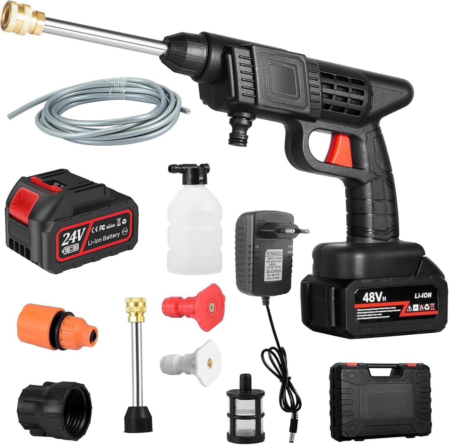 Nettoyeur Haute Pression Portable sans Fil 48V/24V - Pistolet Lavage Puissant avec 2 Batteries Rechargeables - Kit Complet pour Nettoyage Vélos, Motos, Voitures, Allées, Jardins - Performance Maximale