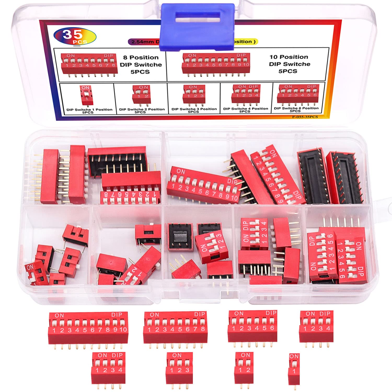 Taiss 35PCS Double Row Dip Switch Assorted Kit 1 2 3 4 6 8 10 Position 2.54mm PCB Mountable On Off DIP Switches Slide Type Red Toggle Switch for Circuit,Breadboards F-055-35PCS