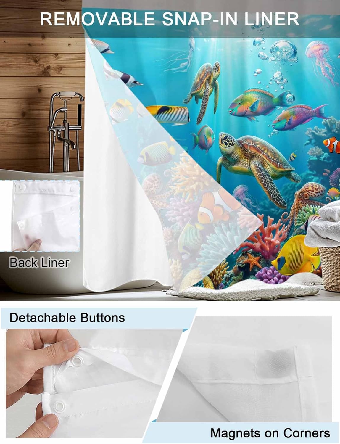 Ocean Sea Turtle No Hook Shower Curtain with Snap in Liner Waterproof Fabric Shower Curtain Set for Bathroom Blue Coastal Fish Coral Jellyfish Marine Life Shower Curtain with See Through 72"x72"