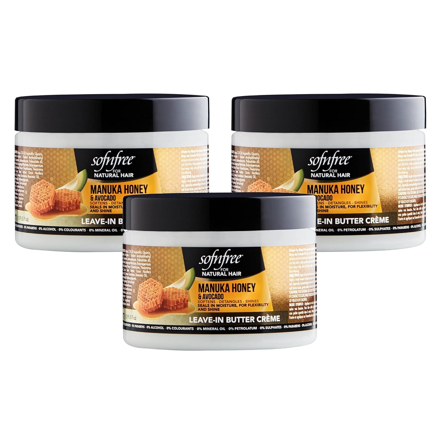 SOF N' FREE Leave-In Conditioner with Manuka Honey & Avocado Natural Hair Butter and Hair Moisturizer for Coily & Curly Hair - 11 Fl Oz (Pack of 3)