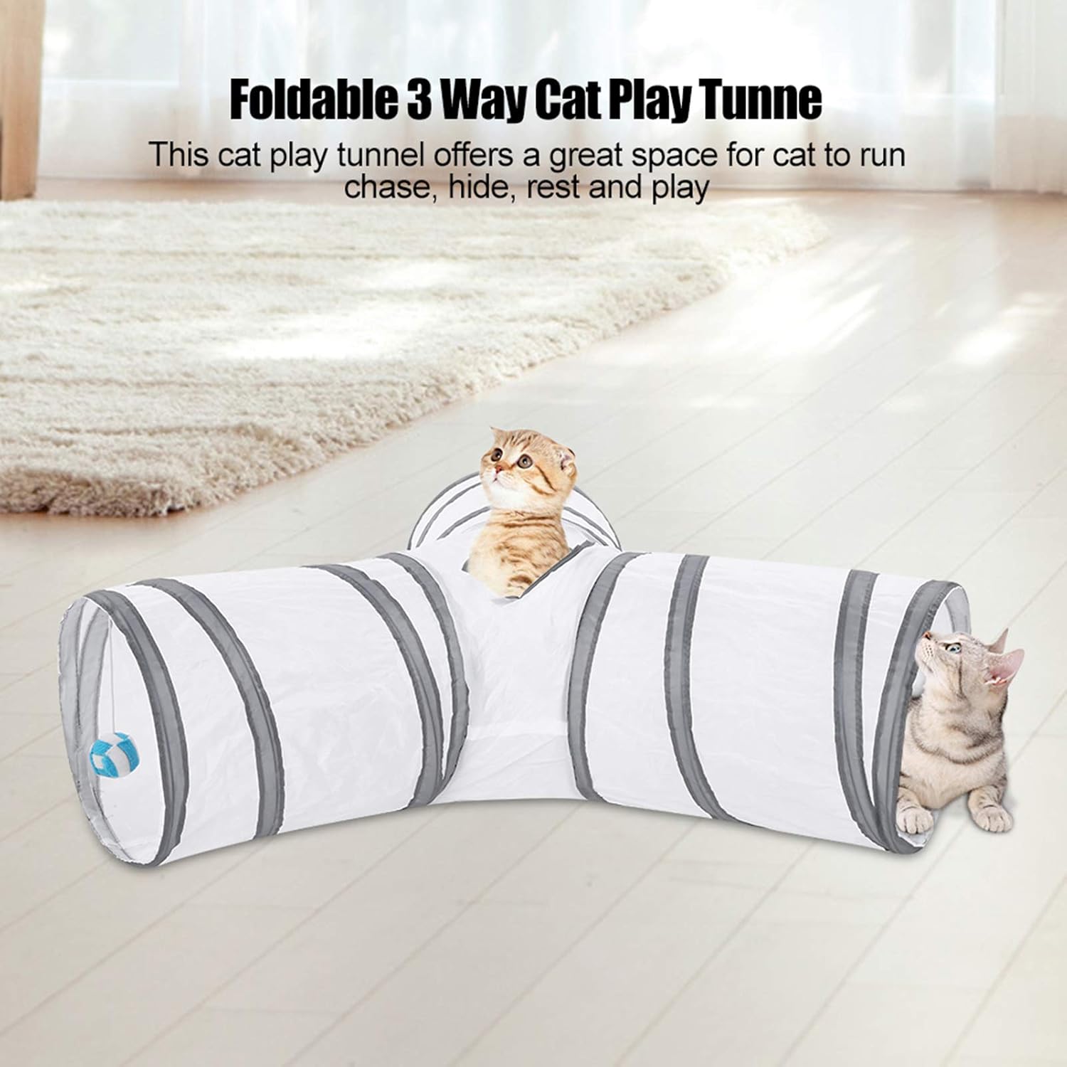Cat Tunnel for Indoor Cats Large, 3 Way Foldable Polyester Fabric Tunnel, Interactive Peek Hole Pet Tube Toys for Puppy, Kitty, Kitten and Rabbit (White)