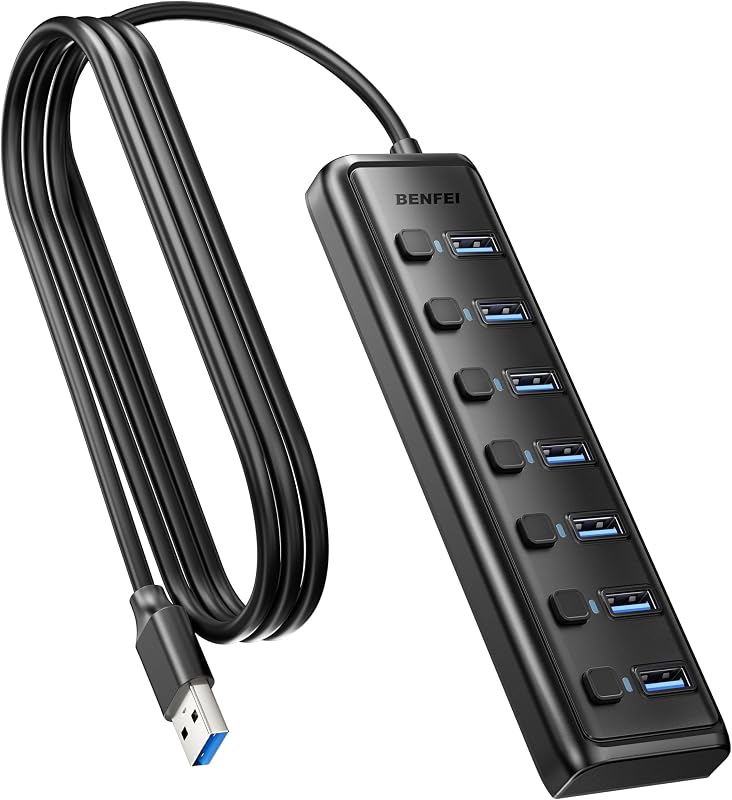 USB 3.0 Hub 7-Port, Ultra-Slim Portable USB Splitter with 3.3ft Cable - Compatible with MacBook Pro/Air,Mac Pro, Mac Mini, iMac, Surface Pro, XPS, PC, Flash Drive, Mobile HDD (No Charging Port)