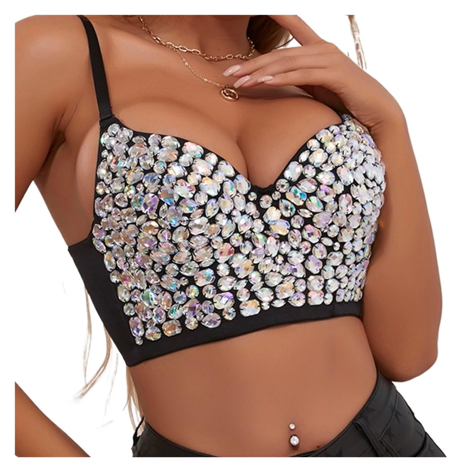 Top Brillantinato Donna Top Donna Corsetto Abbigliamento Cucito a Mano Nightclub Strass Bretelle Paillettes Diamante Camicette Donne Anziane