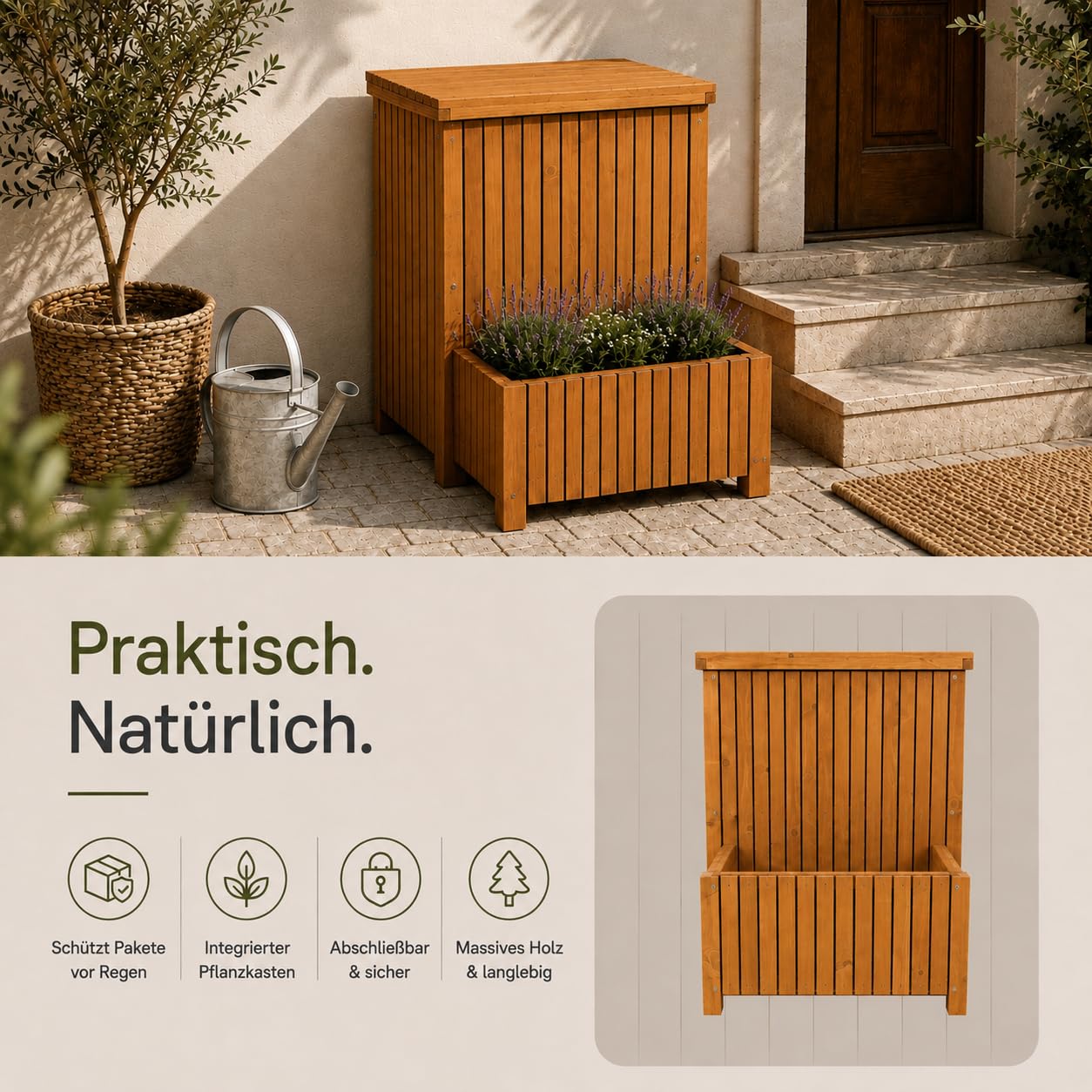 Paketbox mit Pflanzkübel aus Holz 53x60x71cm, Braun