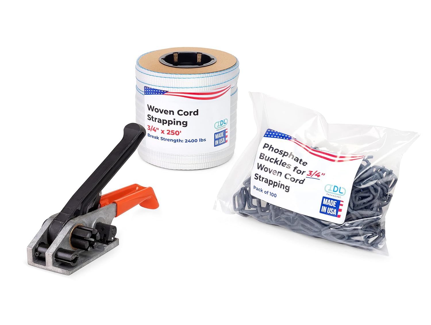 IDL Packaging USA Made 3/4" x 250' Woven Cord Strapping Kit, 2400 lbs Break Strength – Well-Designed & Reliable Tool – Enough Strapping and Seals for 100 Uses Before Refill