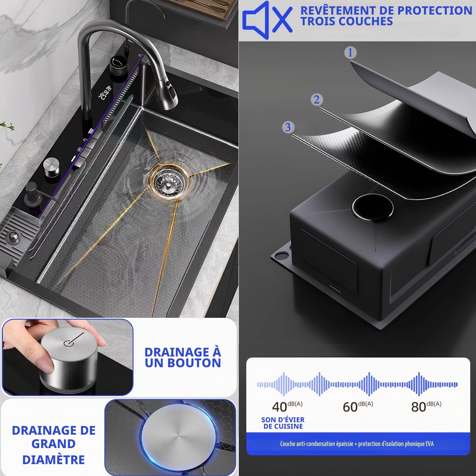 Station de travail en forme de cascade de 80 x 50 cm pour évier de cuisine, évier de cuisine mono-bac en acier inoxydable anthracite noir avec robinet escamotable intégré et affichage numérique