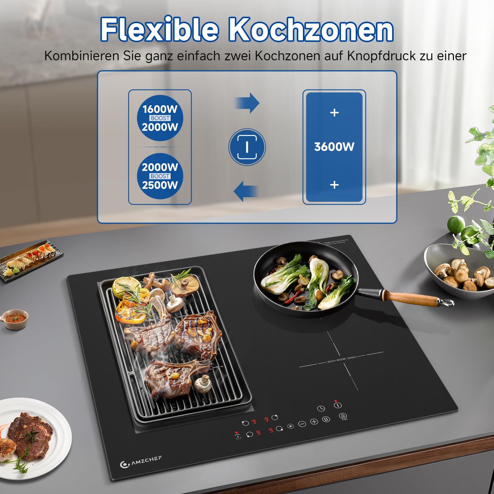 AMZCHEF Induktionskochfeld 60cm mit Flexzonen, 4 Zonen Induktionskochplatte mit Boost-Funktion und 9 Leistungsstufen, Pausenfunktion, Timer, Sicherheitsschloss, Überhitzungsschutz, BBQ, 7200W