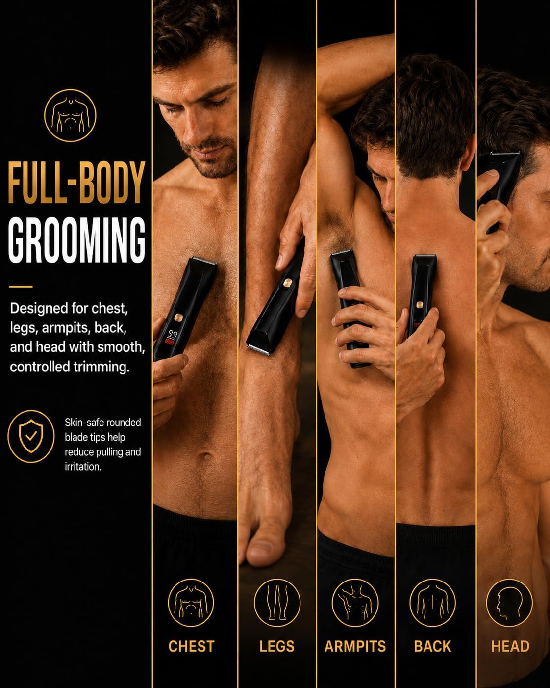 Trimmer for Men - Body Hair Trimmer for Men -SkinSafe- Manscape - Ball Trimmer Men with Display & Light - IPX 7 Rated Waterproof Groomer kit for Groin Rechargeable with Ceramic Blades with 5 Kit image 3