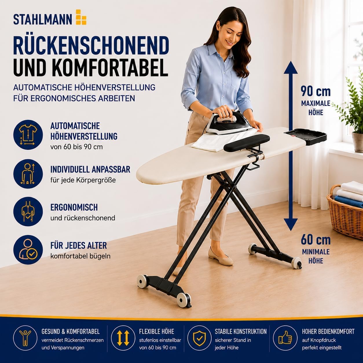STAHLMANN® Bügelbrett für Dampfbügelstation [132x46] Ärmelbrett + Rollen | Dampfbügelstation-Bügelbrett 132 x 46 cm | Ärmelbrett | Rollen | 60-90 cm | Made in Europe
