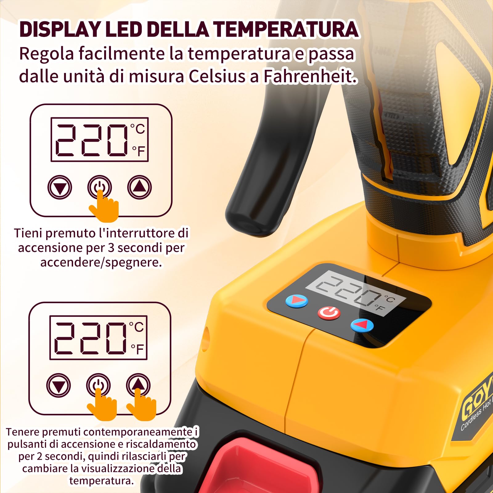 Pistola Colla a Caldo Senza Fili 21V - 150W Pistola Colla a Caldo con Batteria 2.0Ah, Temperatura Regolabile 100-220℃, Riscaldamento Rapido, Ugello Antigoccia, 20 Bastoncini da 11mm per DIY