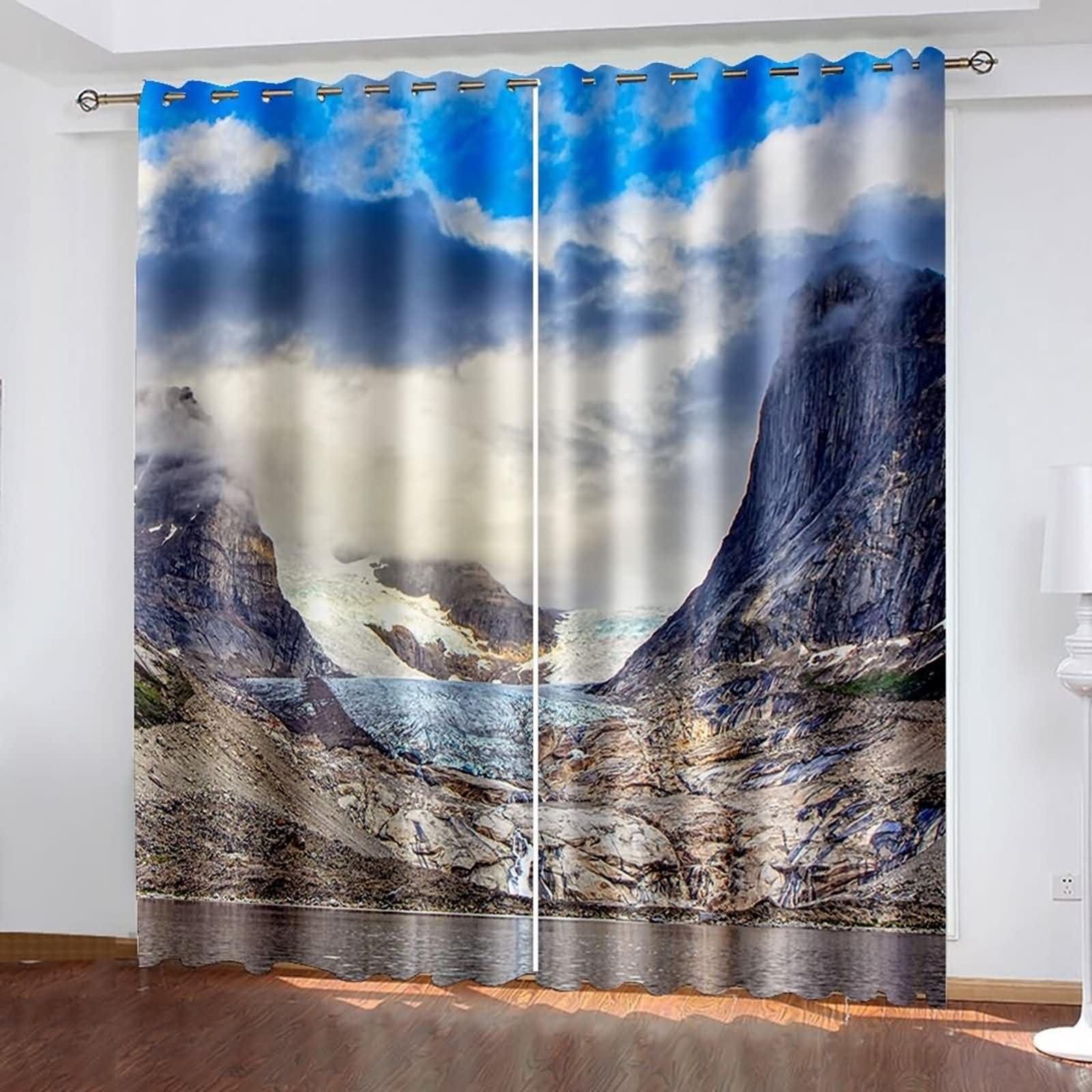 2-pak nowoczesnych zasłon kuchennych, 2 x 152 x 214 cm (dł. x szer. x wys.), zestaw zasłon z oczkami, górskie i morskie, niebieskie, białe, brązowe, do sypialni, nowoczesne