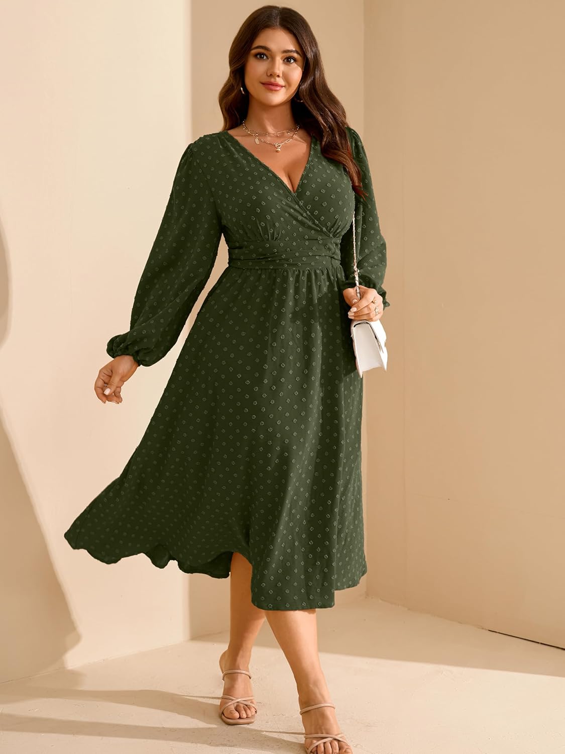RWJ Women's Plus Size Fall Wedding Guest Dress Wrap V Neck Swiss Dot Lantern Long Sleeve Swing Boho Casual Dresses - Image 5