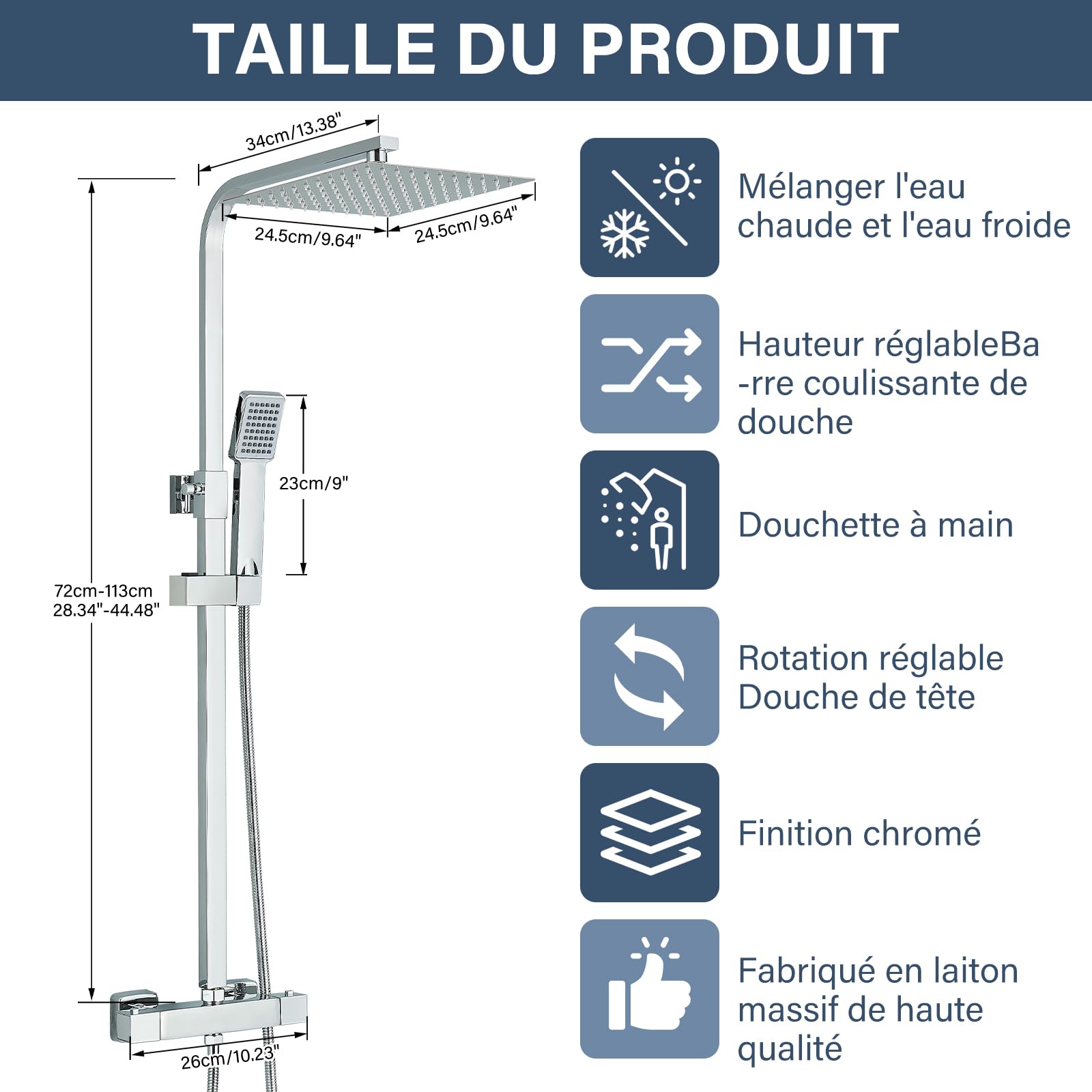 Thermostatique Colonne de Douche Chromé avec Mélangeur Réglable en Hauteur Ensemble de Douche 25x25cm Pluie Pommeau de Douche Carré avec Douchette à Main Acier Inoxydable