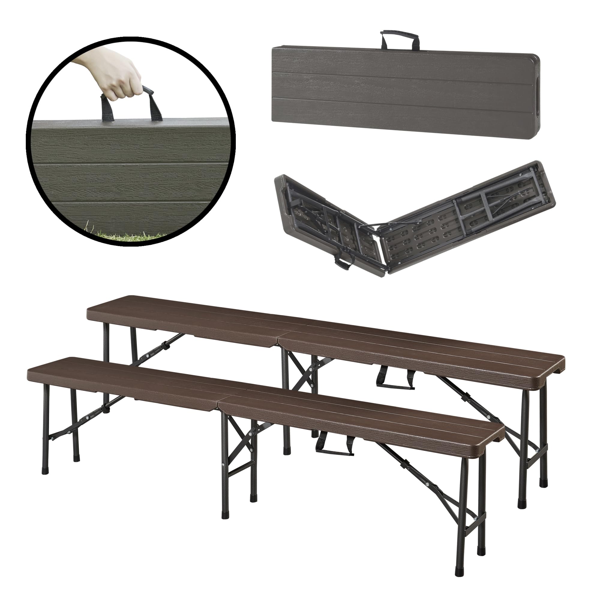 [en.casa] Lot de 2 Bancs de Camping Pliables pour Extérieur Festivals Pique-Nique Banc Pliant pour 4 Personnes Poignée de Transport Métal HDPE 180 x 25 x 43 cm Effet Bois Marron Foncé