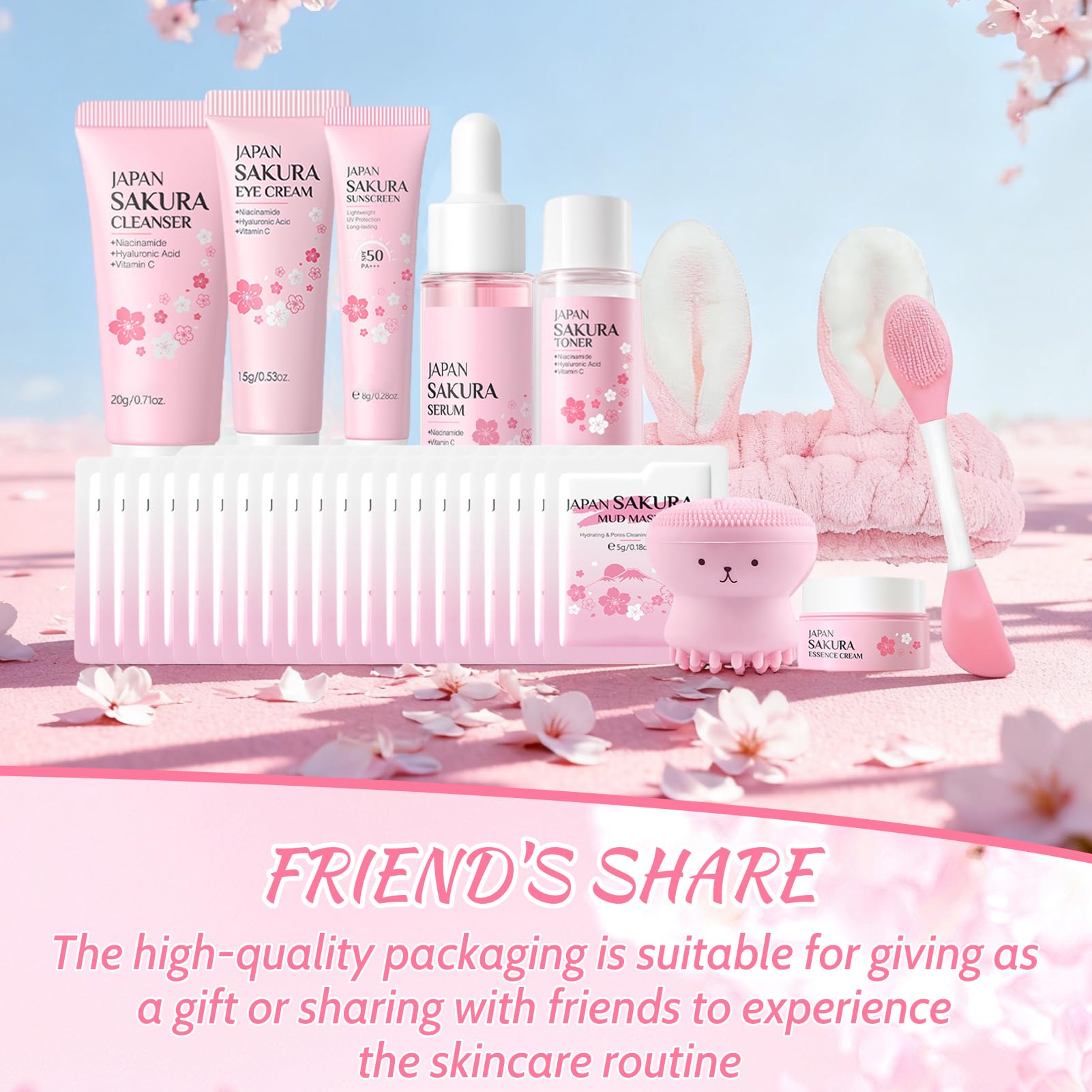 29 Pezzi Kit per la Cura della Pelle Sakura, include Detergente, Tonico, Crema Viso, Maschera, Siero e Crema per Gli Occhi, Mini Size da Viaggio Prodotti Skincare per Ragazze e Donne