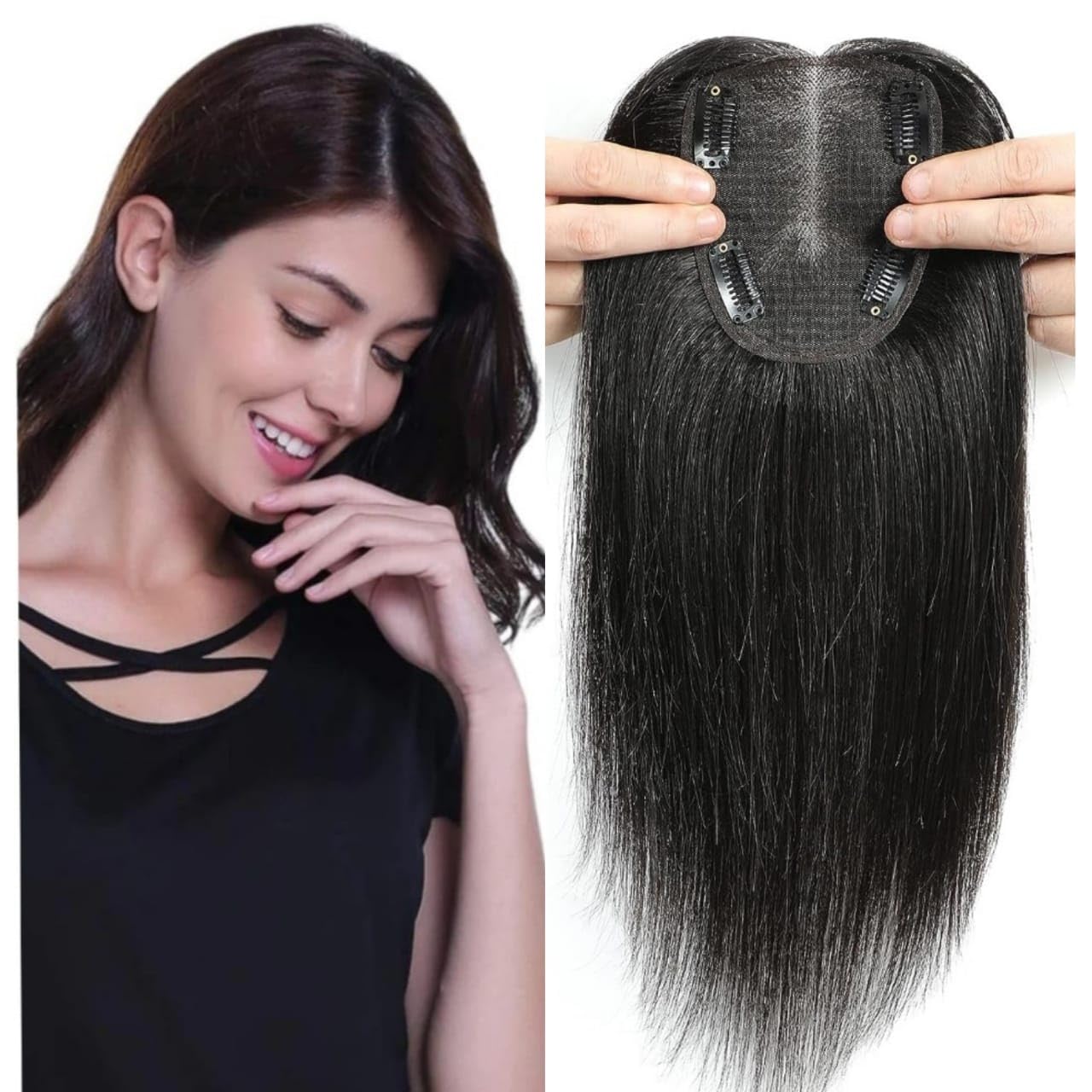 DAZZ LOOK,Silk Base, 4 Clip In, Middle Part Hair Topper 16 inch Long for Women Hair Wig for Hair Loss Topper Soft Hair Wig, Jet Black Color (Black)-image-13