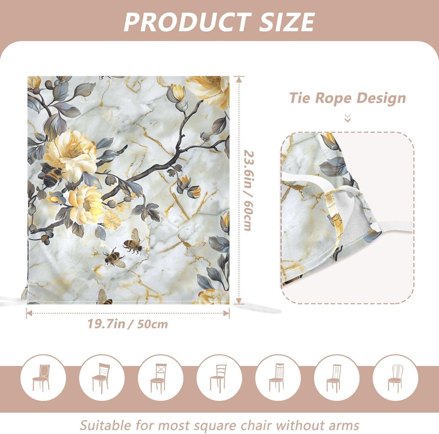 ALAZA Vintage Bee Flowers Marble Chair Back Cover Set of 6, Washable Reusable Removable Chair Slipcovers Decorative Chair Cover for Home Kitchen Wedding Party