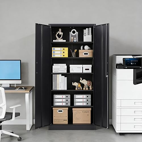 Miniatura 6 de Gabinete de almacenamiento de metal para garaje, armario alto negro con puertas y estantes ajustables, armario de herramientas con cerradura para