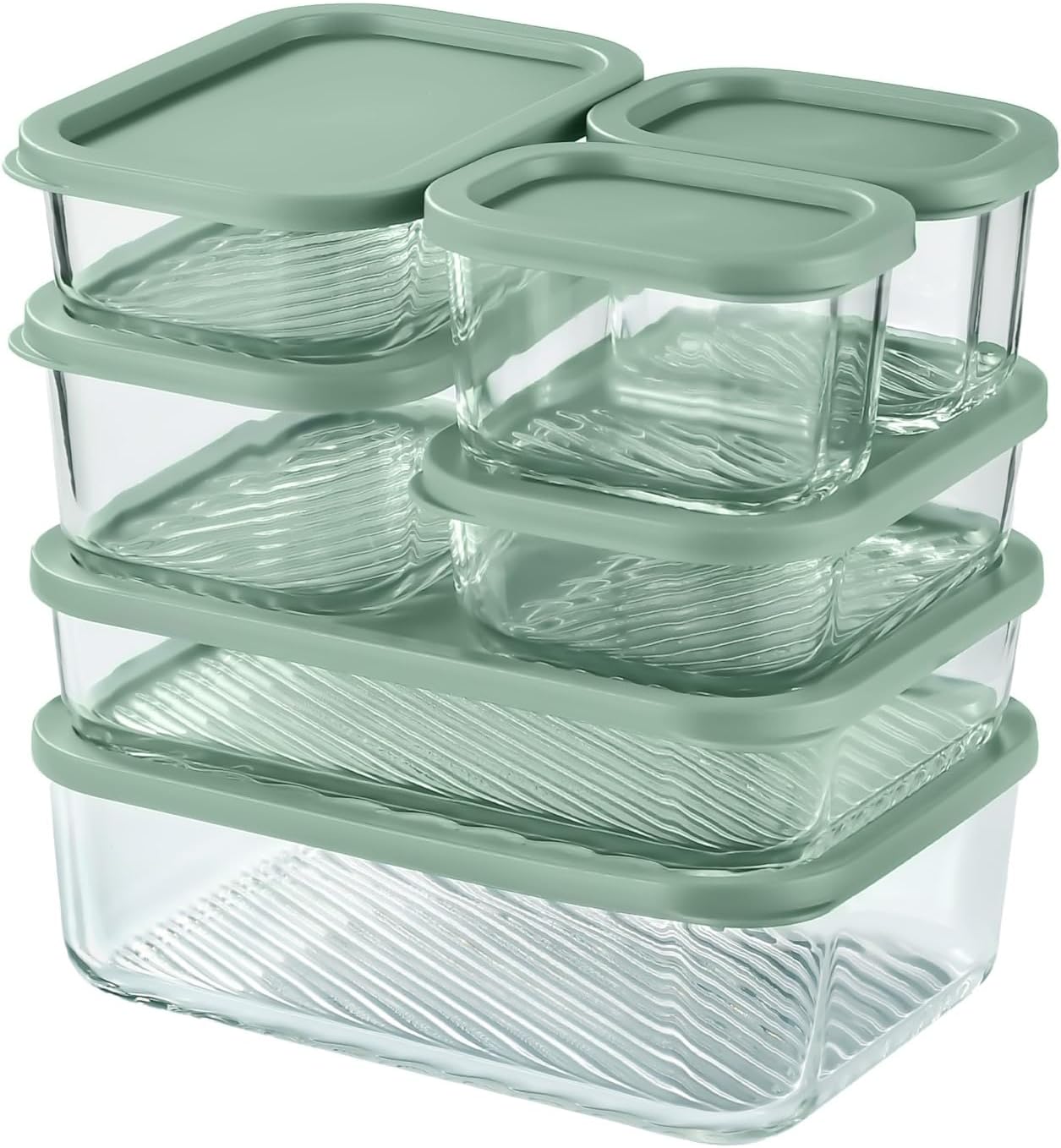 EATEX 7 Pack Glass Meal Prep Containers with Grooved Base, 7 Stackable BPA Free Glass Storage Containers with Lids for Lunch, Pantry, and Kitchen - Microwave, Dishwasher Freezer & Oven Safe - Sage