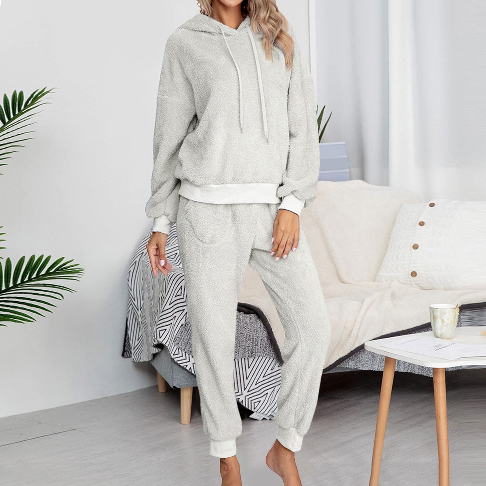 CMBSSTFC Damski długi zimowy przytulny strój rekreacyjny Elegancki duży rozmiar strój rekreacyjny Ciepły dres z podszewką Strój sportowy Elegancki flanelowy komplet piżam Bielizna nocna Puszysty