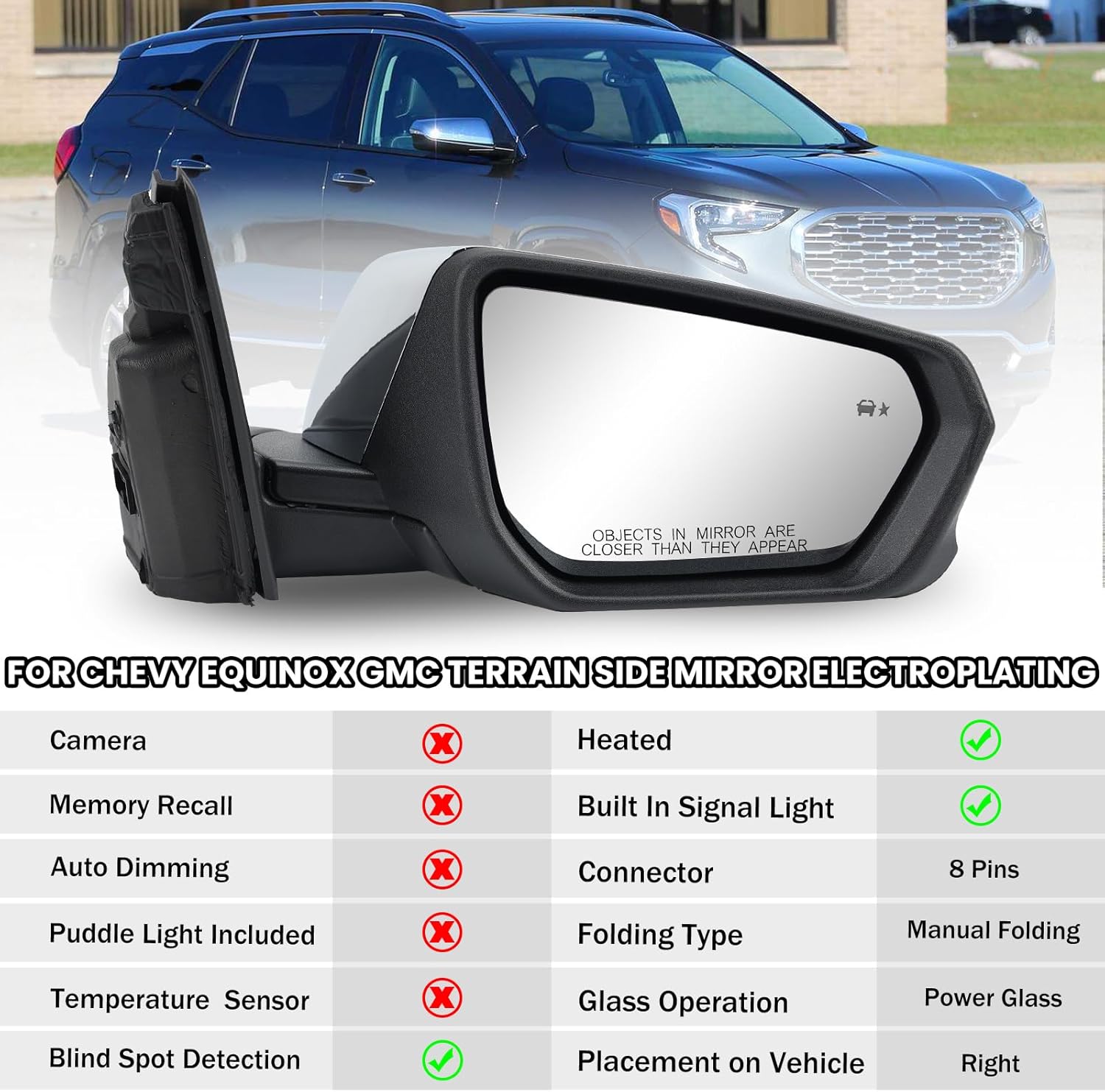 Passenger Side Mirror Compatible With 2018 2019 2020 2021 2022 2023 2024 Chevy Equinox GMC Terrain Mirrors With Power Glass Heated Turn Signal Blind Spot Replaces#84225387(Chrome)8 Pins