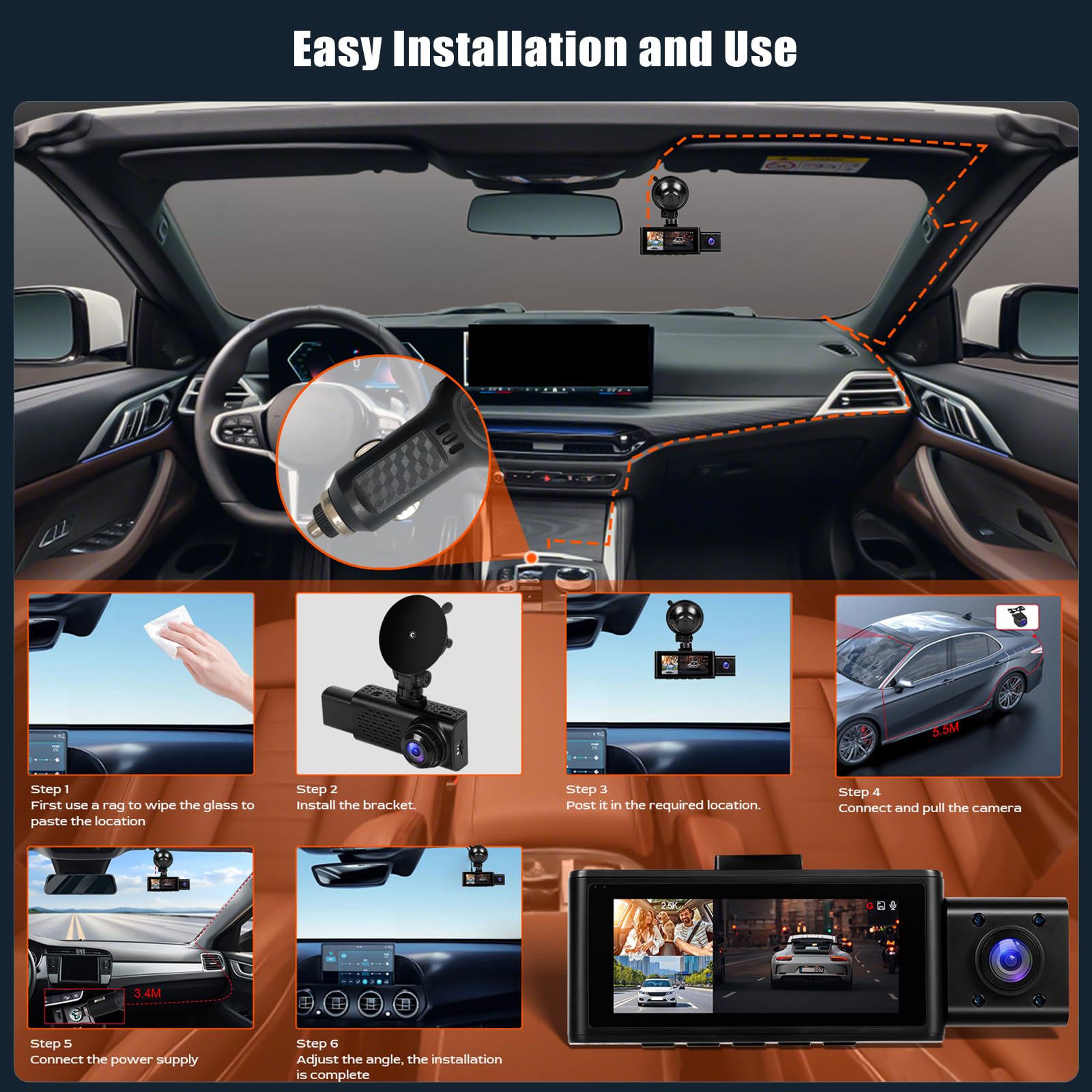 OiLiehu 3 Canales Cámara para Salpicadero 3,16 Pulgadas para Coches, Full HD 2,5K+1080P+1080P, Tres Lentes con G-Sensor/Control App/Grabación en Bucle/Visión Nocturna/Asistente de estacionamiento/GPS