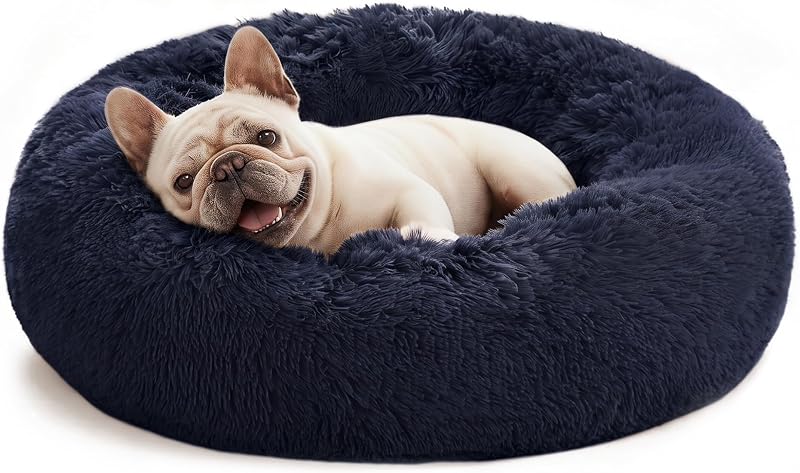 Cama Redonda Tipo Donut para Cães e Gatos com Pelúcia Sintética, Love's cabin, Marinho, 60,96 cm