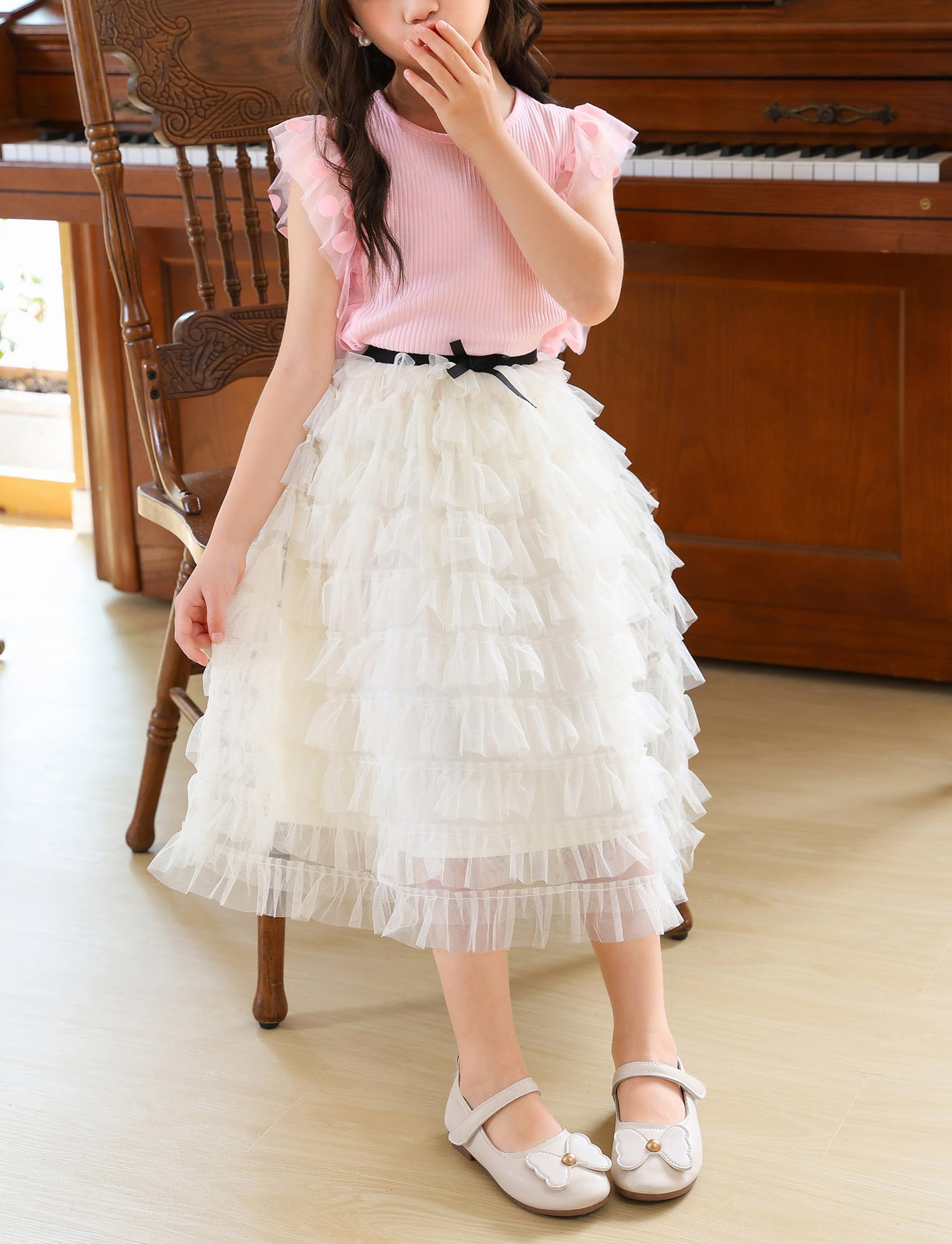 FEOYA Falda larga de verano para niña, falda de tul para niños, falda midi de cintura alta, falda de baile de cintura alta, falda plisada de varias capas, elegante falda casual para fiestas, falda de