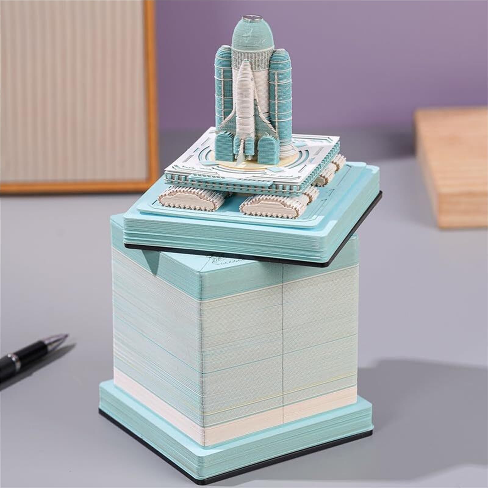 Stehender Tischkalender 340 gravierte Notizzettel aus Papier, blaue 3D-Kunst-Haftnotizen, kreatives Architekturmodell Vintage-Bürodekoration