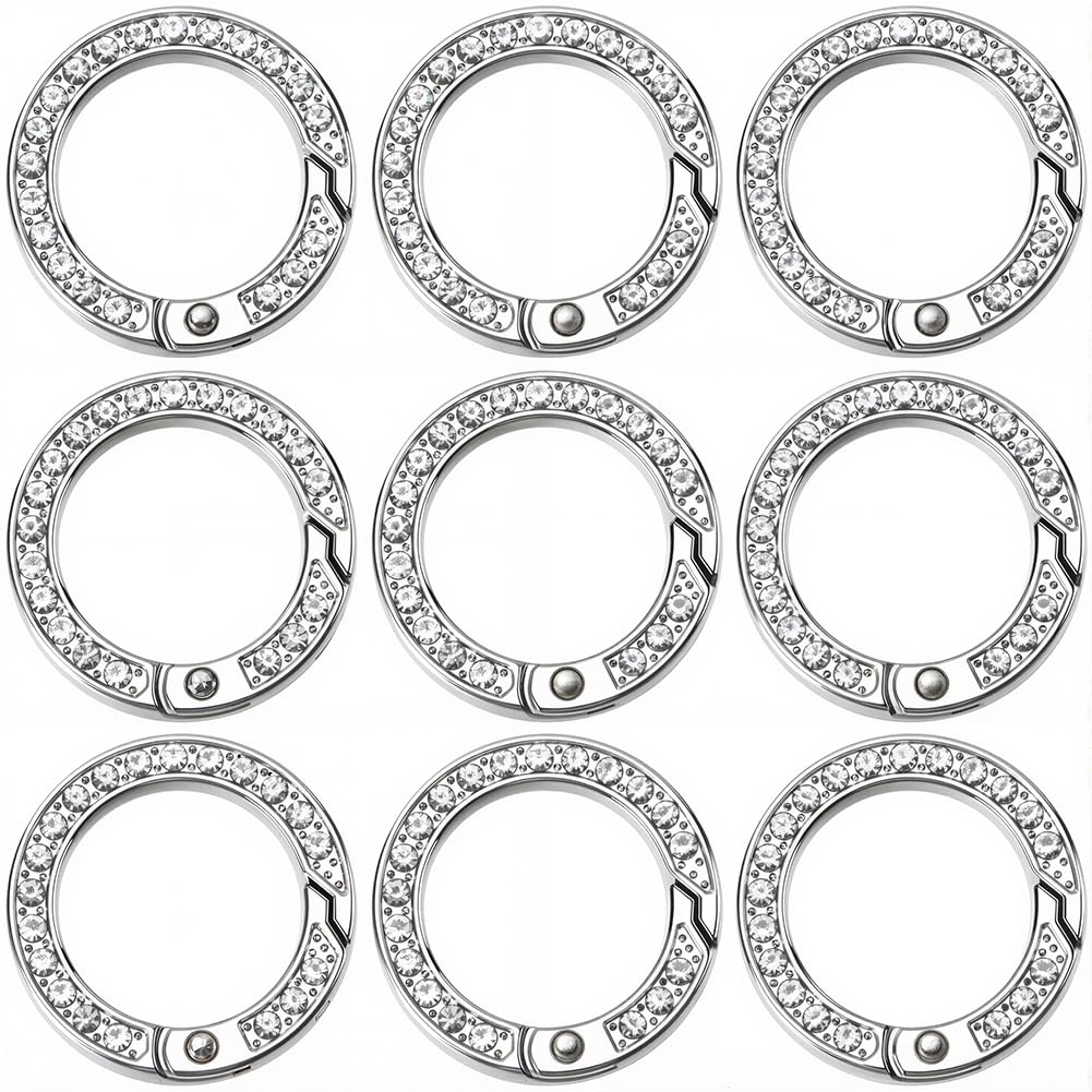 SUNNYCLUE 1 Box 12pcs Metal Spring o Rings Large Spring Gate Ring 8.5mm/1.12inch Round Rhinestone Bling Simple Trigger Clip Clasp Ring for Key Rings Buckle Bags Jewellery Making DIY Crafts Accessories