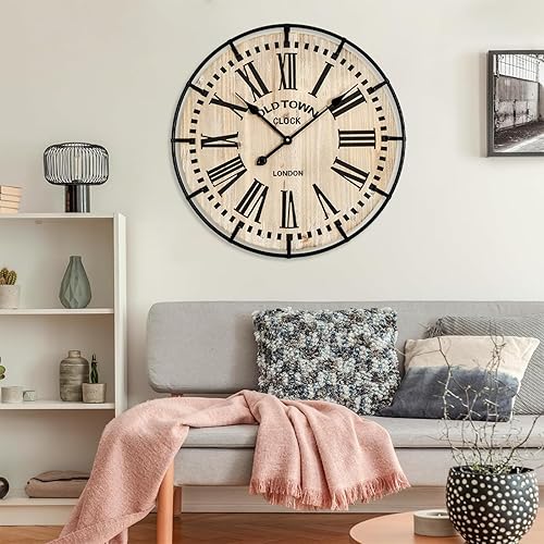 Miniatura 6 de Reloj de pared rústico de 24 pulgadas, reloj grande de madera vintage Oldtown London con garrapata silenciosa, para dormitorio, oficina, cocina,