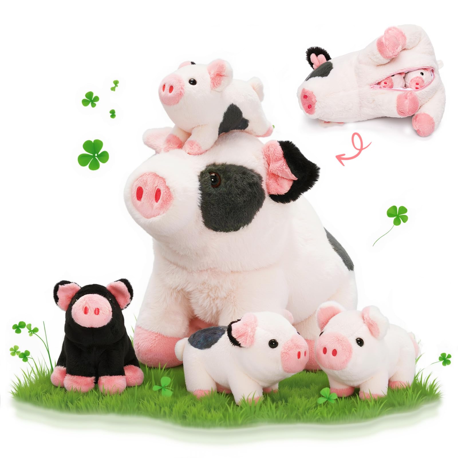 OUOZZZ Pig Teddy - Spotted Pig Soft Toy with 4 Baby Pigs, Cute Farm Animal Gift for Kids, 23 centimeters