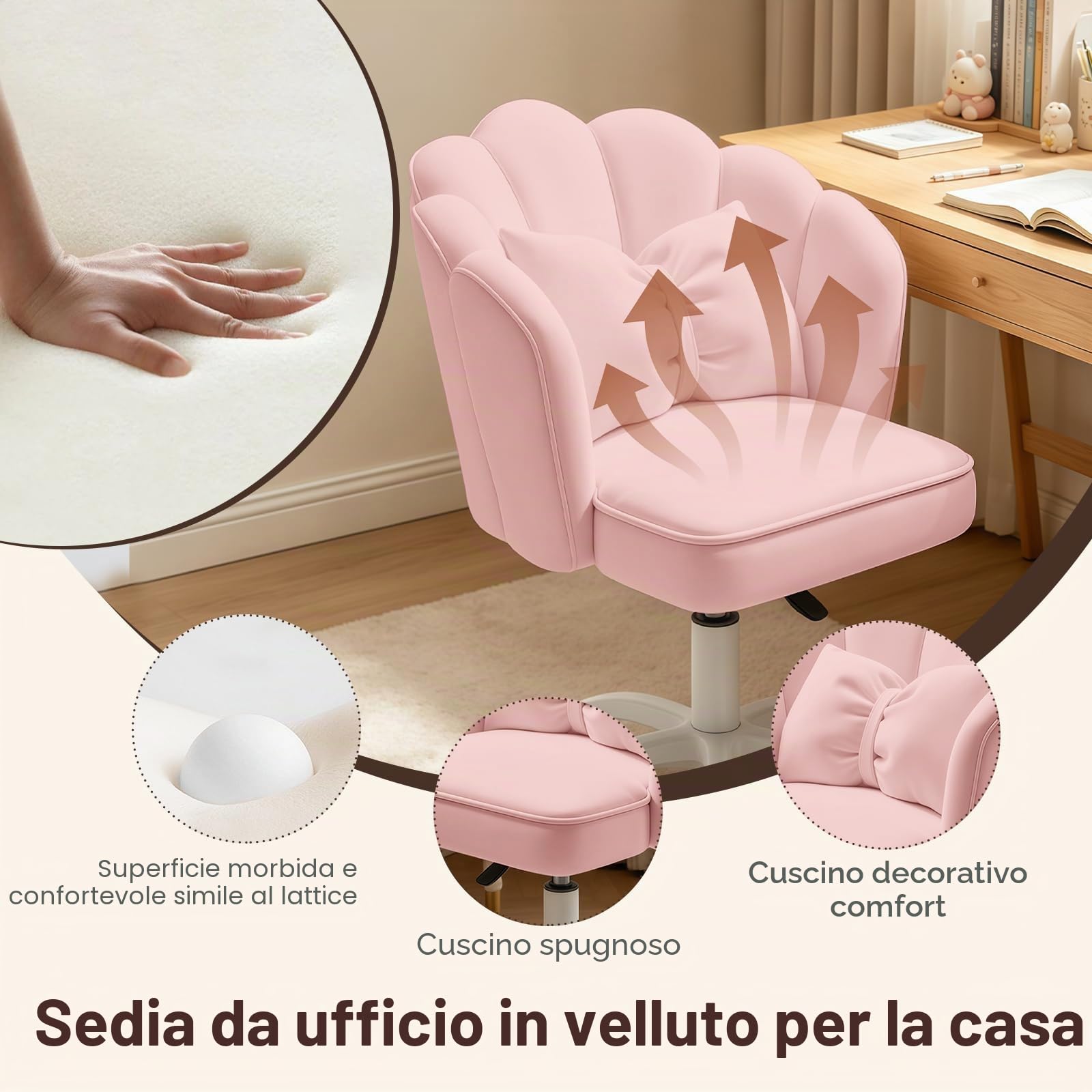 Carina Sedia da Scrivania 'Petalo' in Velluto con Cuscino a Fiocco,Sedia Toeletta Farfalla per Camera da Letto,Sedia da Ufficio con Schienale per Computer(Rosa)
