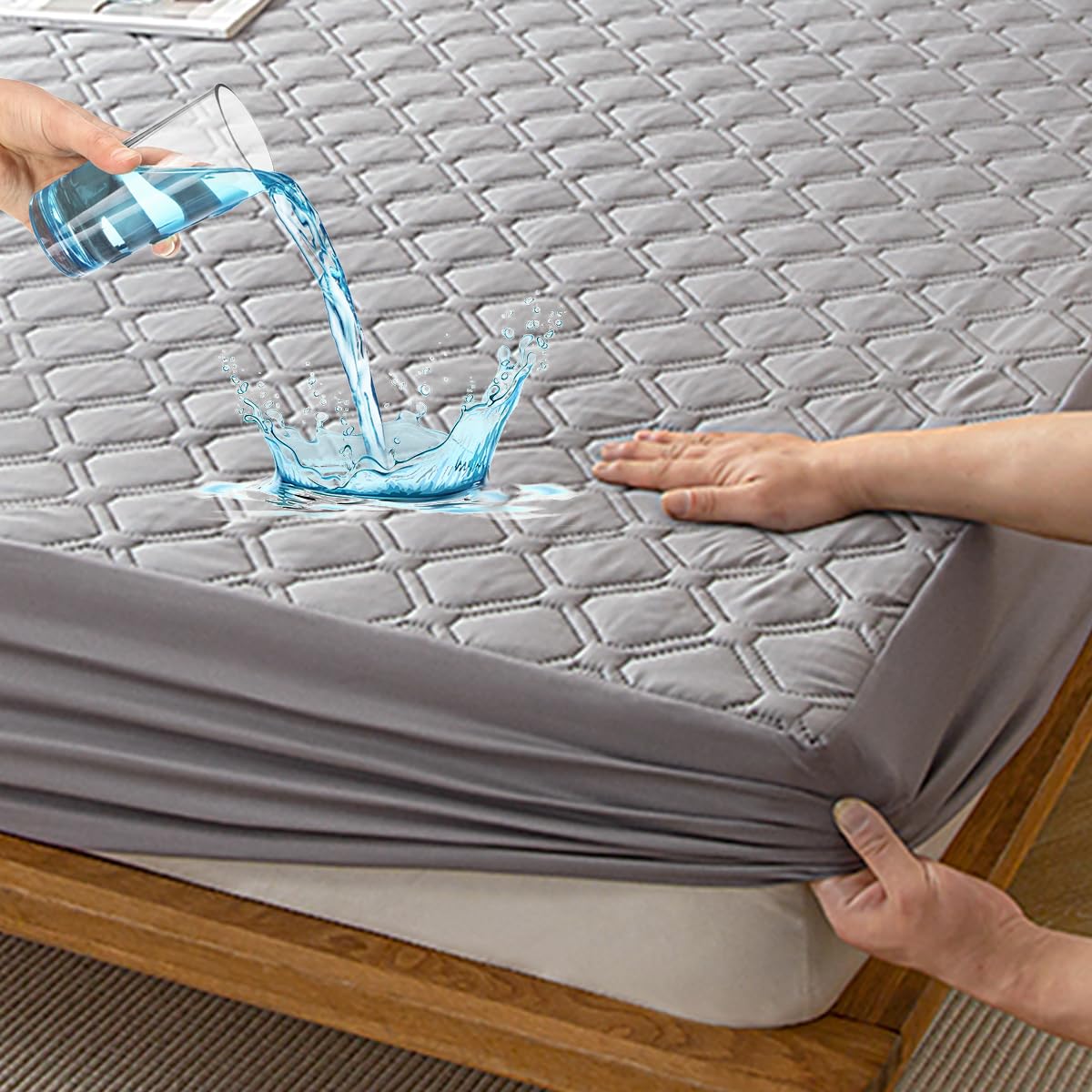 HIGHDI Double Waterproof Quilted Mattress Protector - Deep 30cm Fitted Skirt, Grey Single Fitted Sheet 135 x 200 cm, Absorbent Fitted Mattress Bed Cover