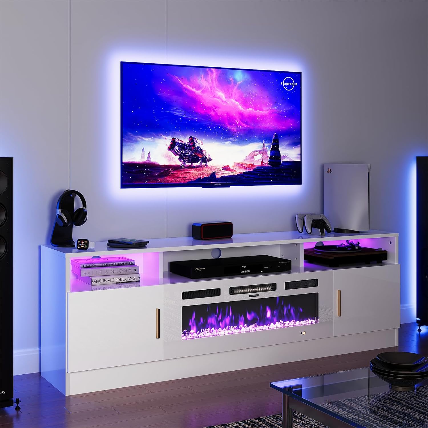 oneinmil 70" Fireplace TV Stand for TVs Up to 80", Electric Fireplace Entertainment Center with LED Lights & Storage Cabinets, Media Console Table for Living Room, White
