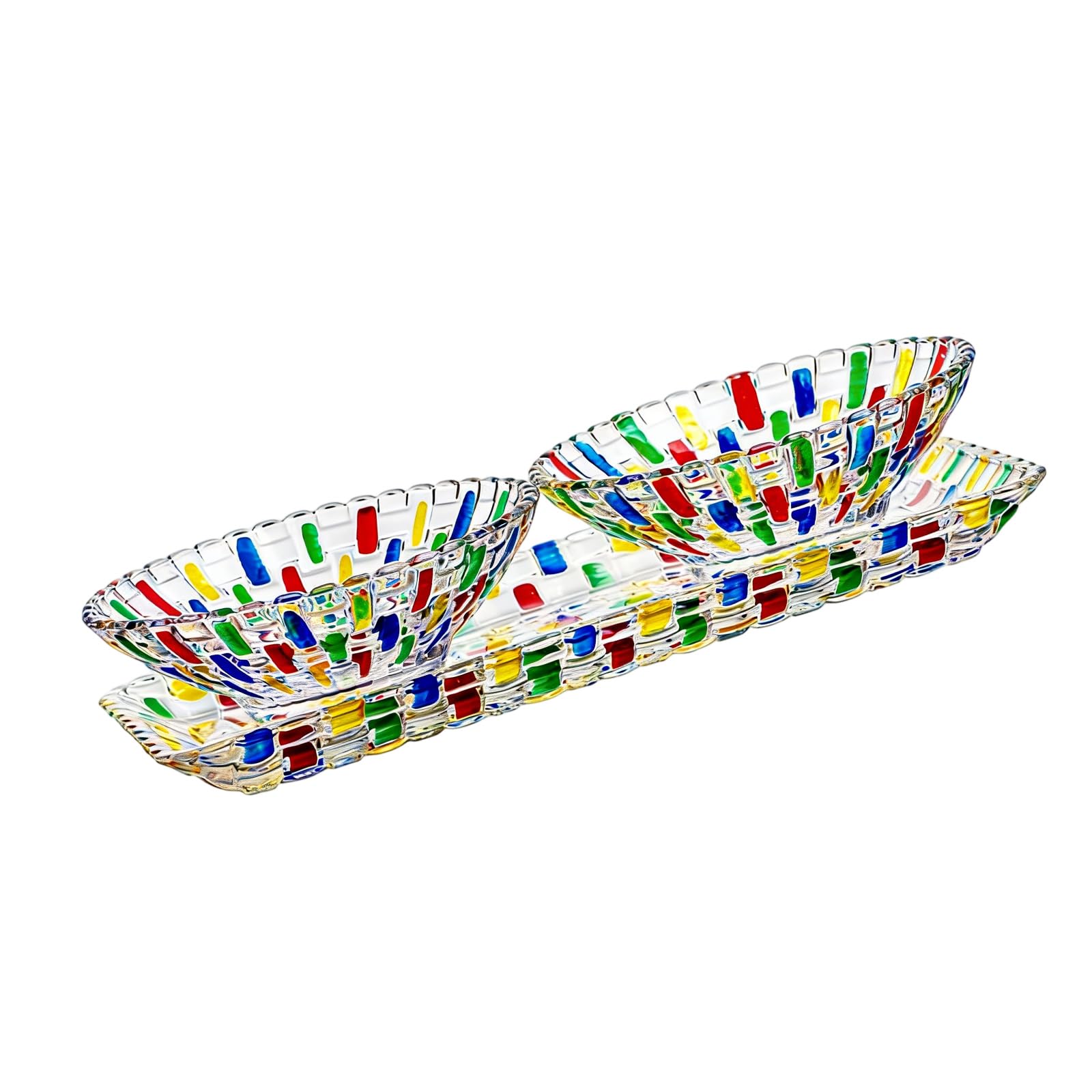 ordinarYone Artistic Colorful Glass Fruit Serving Bowl with Tray Woven Crystal Dessert Salad Platter for Table Centerpieces Display