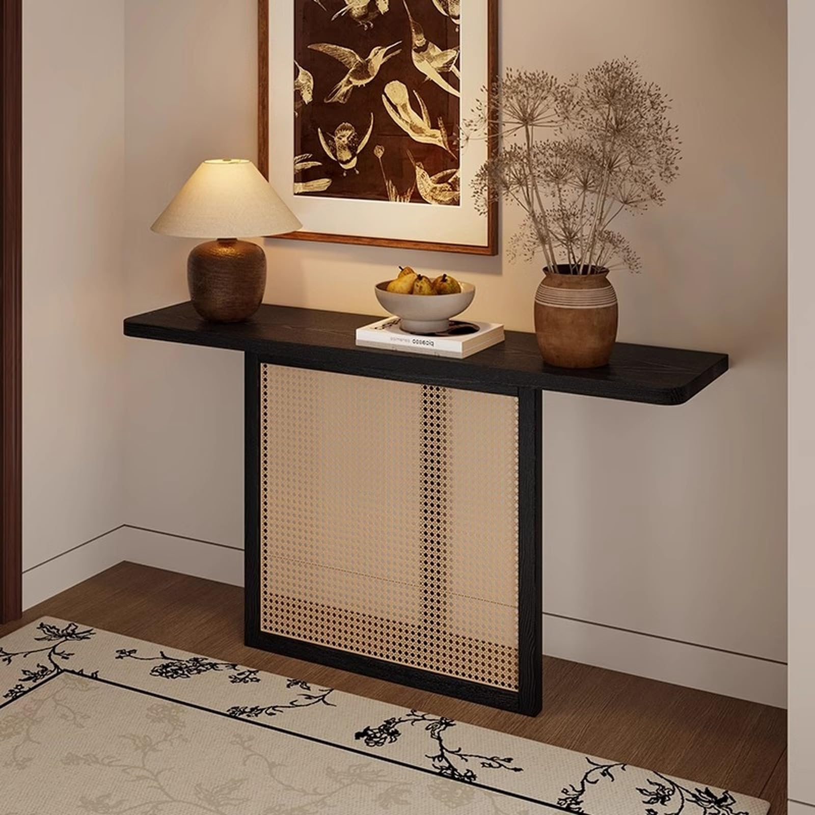Console de Style campagnard en Bois Massif, Table d'entrée étroite et Longue, Table de Salon/Couloir/Hall d'entrée de Style bohème en rotin tressé, 99 cm (39 Pouces).