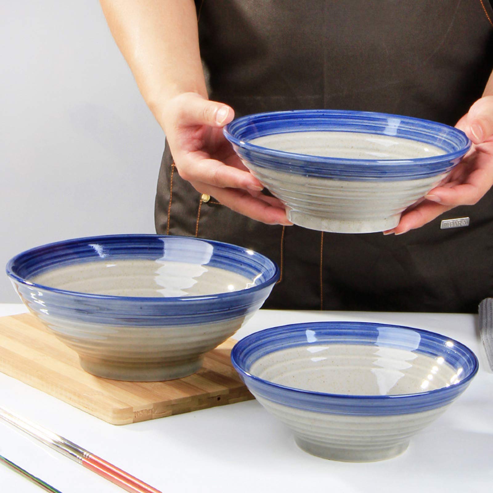 tazas de ramen, conjuntos de tazas de pasta, 2 piezas, tazón de ramen de gran tamaño for el hogar de estilo japonés, tazón de arroz/fideos/sopa/fideos de carne, azul, 700 ml ( Color : Blu , Size : 100
