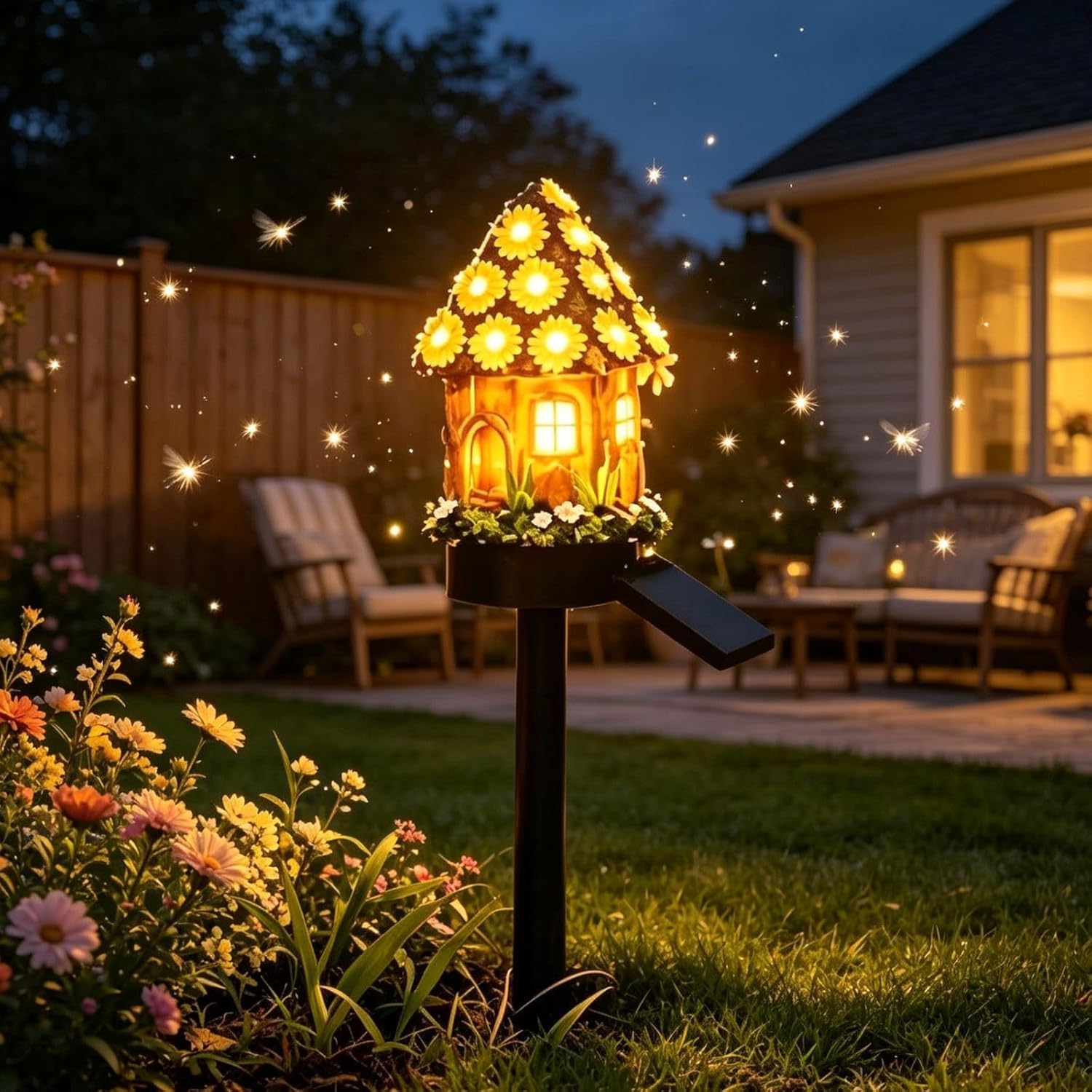 Fairy-Tale Mushroom House Solar Lights Outdoor, Fairy House Garden Stake Lights Fairy-Tale, Resin Mushroom Cottage Figurines, Auto On/Off Landscape Pathway Light for Yard Patio Lawn (E)