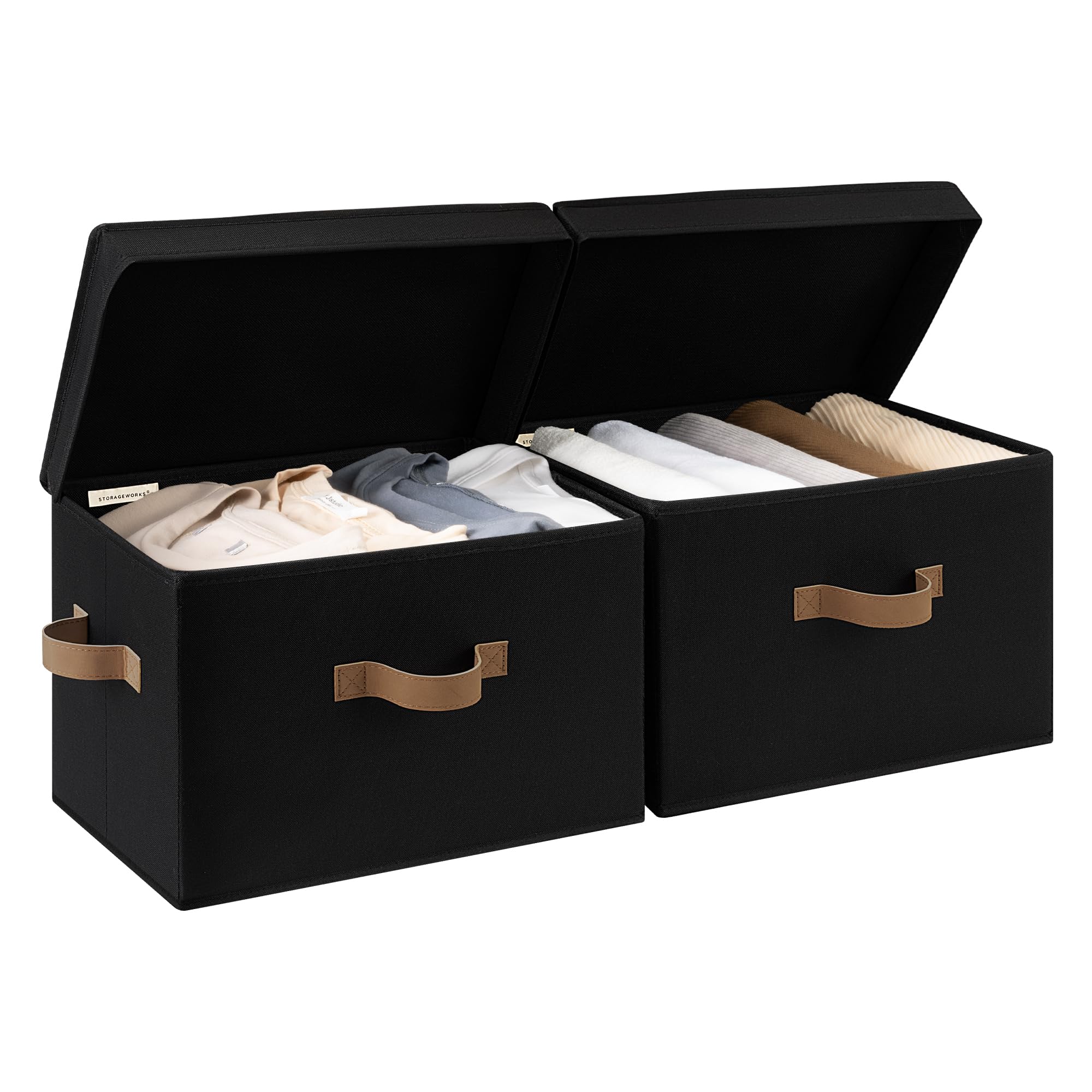 StorageWorks Stoff Aufbewahrungsbox mit Deckel, stapelbare Aufbewahrungsboxen für Kleidung, dekorative Boxen Aufbewahrung mit Deckel, faltbarer Aufbewahrungskorb für Regale, groß, schwarz, 2 Stück
