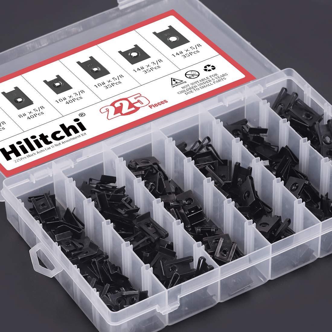 Hilitchi 225Pcs U Nut Assortment Black Phosphate Finish Rust Resistant Wide Range Kit Auto Car Metal Clips for Motorcycle Automotive Repair Replacement