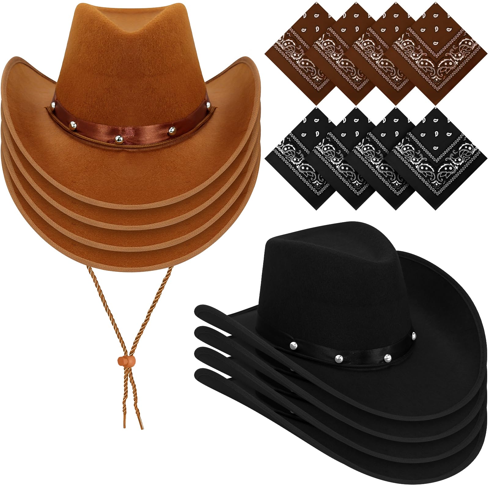 8 Pack Adult Cowboy Hat Multipack, Western Fancy Dress Cowgirl Hat Bulk for Men and Women, Cowboy Costume Accessory for Rodeo, Hen Party, Wedding, Festival, Halloween (4 Brown + 4 Black)