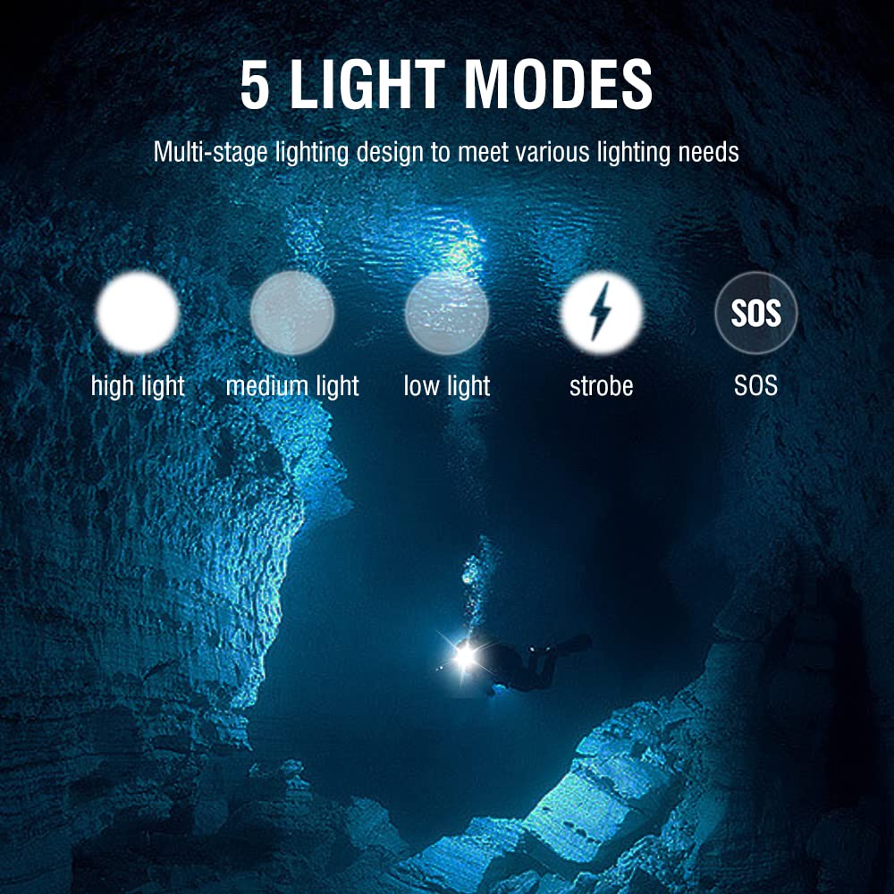 WINDFIRE Luce Frontale subacqueo 5000 Lumens IPX8 Impermeabile 60 Metri Snorkeling Ricarica