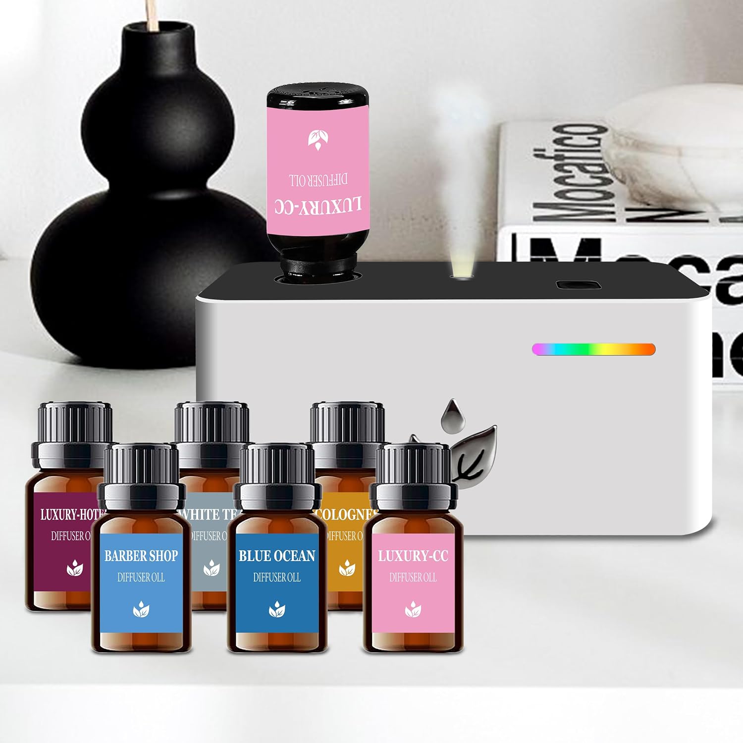 Essential Oil Diffuser with 20pcs Mixed Scent Fragrance Aroma Oils, Rechargeable Waterless Diffuser with 3 Spray Modes for Home Office Hotel (White Set 20PCS)