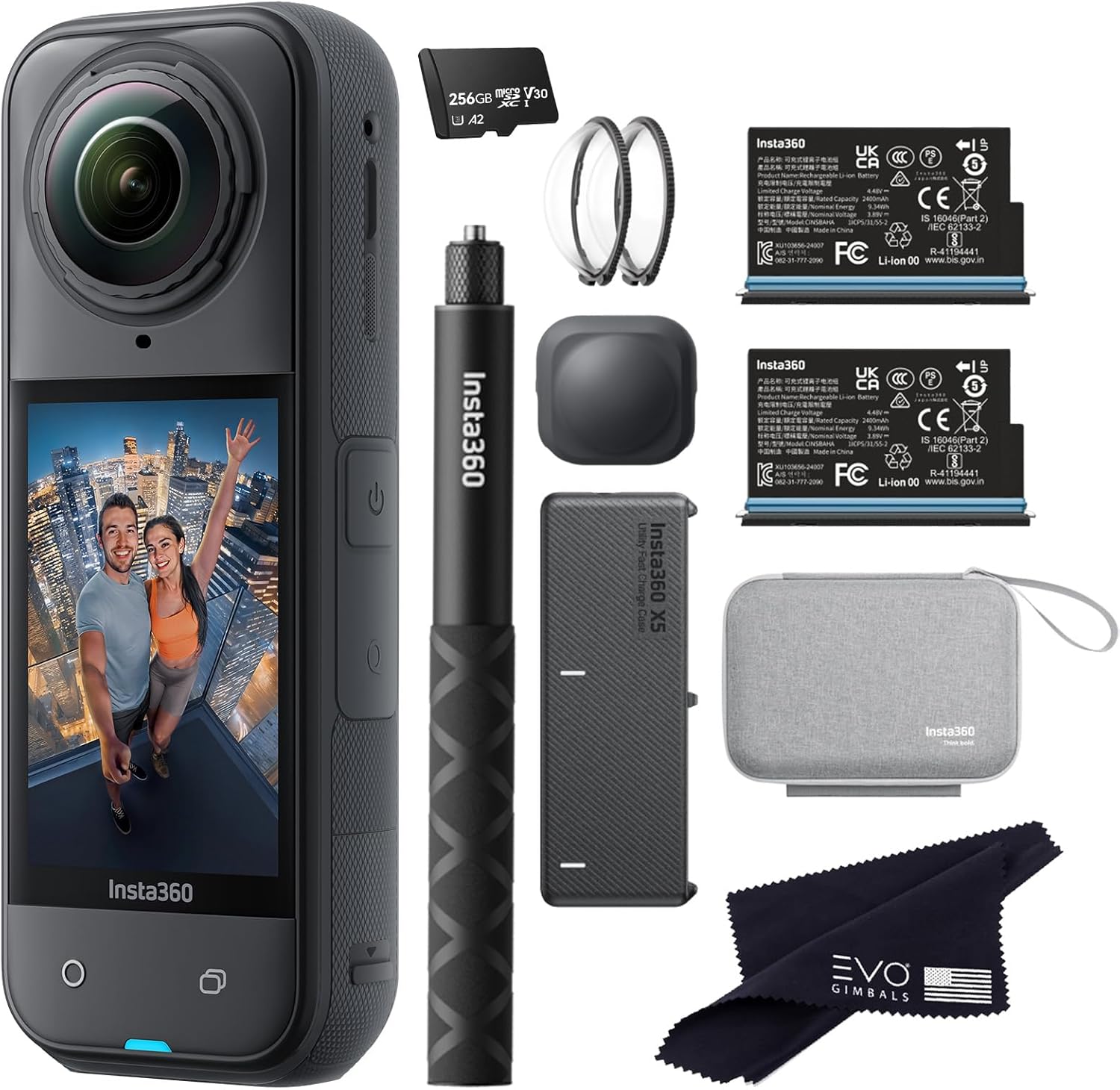 Insta360 X5 Essentials Bundle-8K Waterproof 360 Action Camera|Bundle Includes Selfie Stick, Extra Battery, Utility Fast Charge Case, Standard Lens Guards, Lens Cap, Carry Case(256GB)