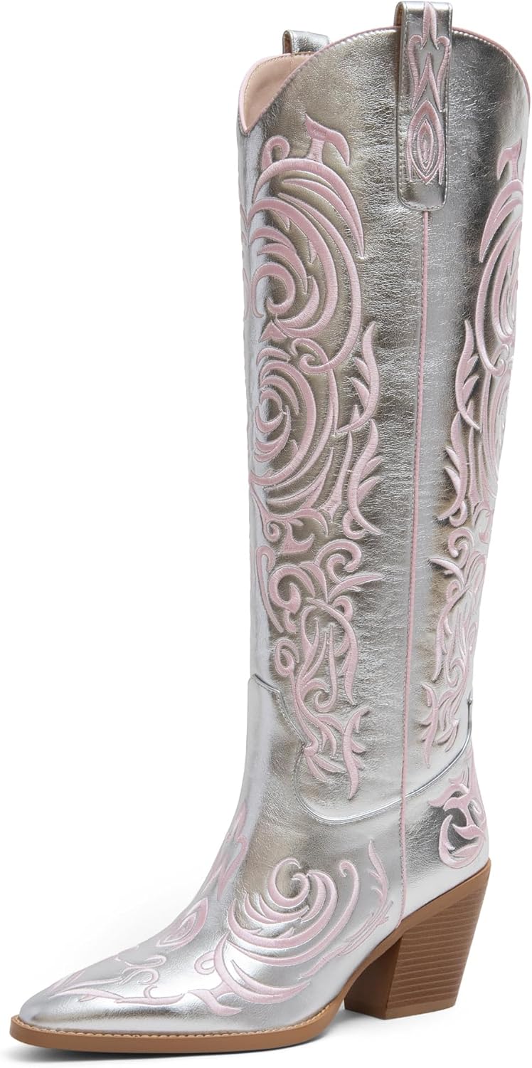 Women's Western Cowboy Boots Faux Leather Embroidered Pointed Toe Knee High Pull On Comfortable