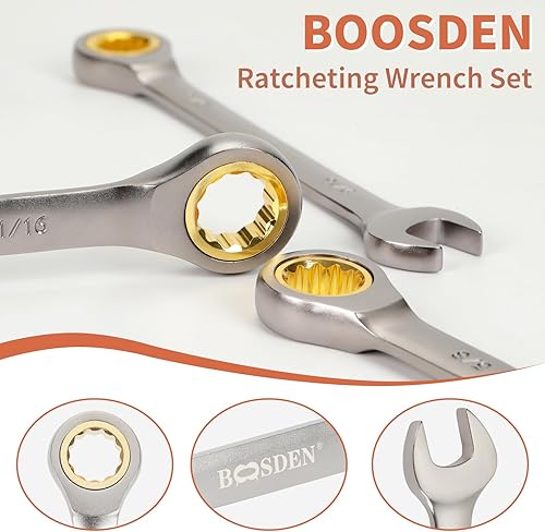 Miniatura 3 de BOOSDEN Juego de llaves de trinquete de 9 piezas, juego de llaves combinadas de trinquete con bolsa enrollable, SAE 14-34 pulgadas para el hogar,
