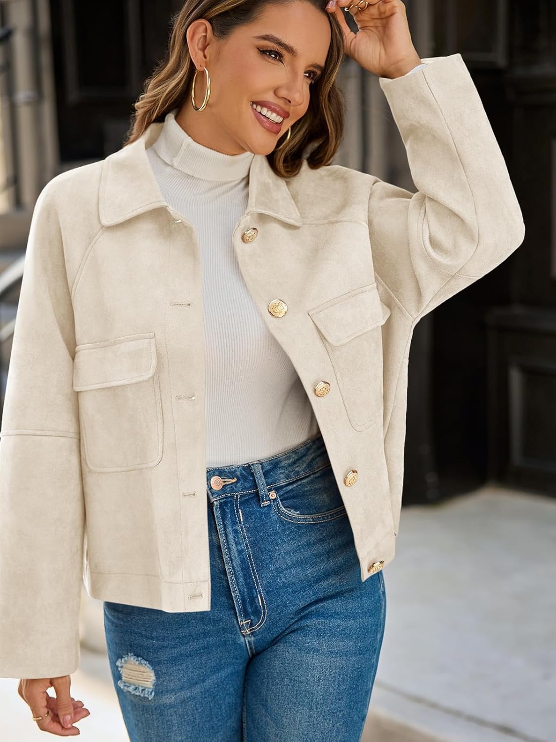 Cicy Bell Womens Faux Suede Leather Jackets Oversized Cropped Casual Lapel Collar Button Down Spring Vintage Shackets - Image 2