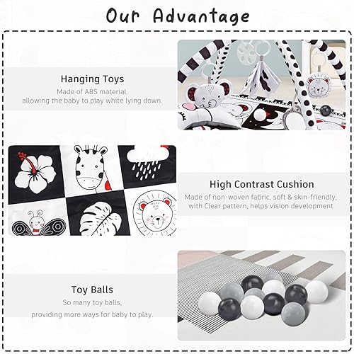 Miniatura 3 de Alfombrilla 8 en 1, gimnasios de juego para bebés de 0 a 6 meses, tapete de juego blanco y negro para bebé, gimnasio con juguetes sensoriales y