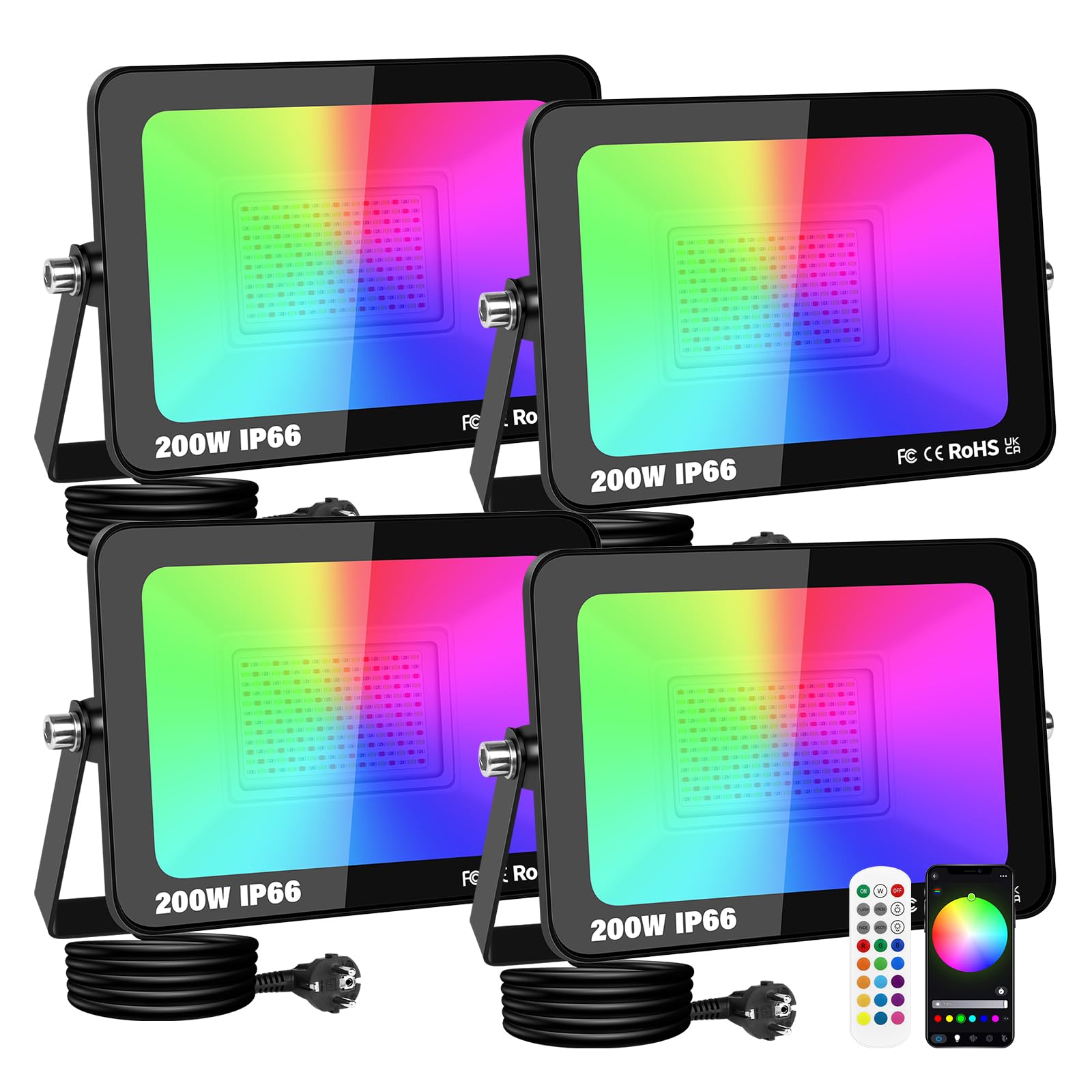 RIGIDON 4x RGB LED Strahler Fluter Außen, 200W 20000LM Smart RGBW Flutlicht | IP66 Farbwechsel Flutlichtstrahler mit APP & IR steuerung, Dimmbar Timer für Party Garten Baum Landschaft Disco Feiern Fest